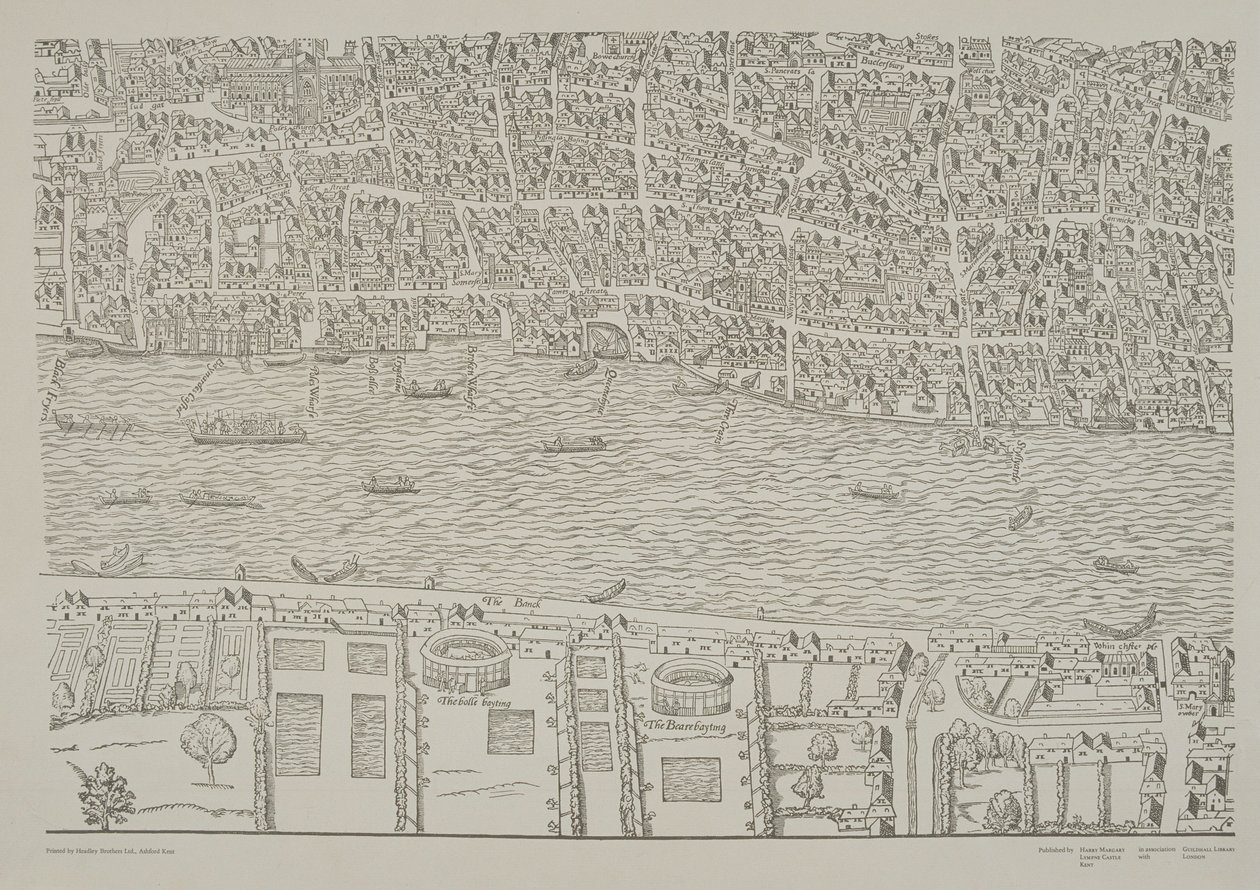 Karta över London, som visar björnens beteträdgård i Southwark, ca 1561 av Ralph Agas