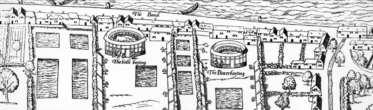 Platsen för Shakespeares teater, detalj av Civitas Londinum, karta över London, träsnitt från 1560 av Ralph Agas