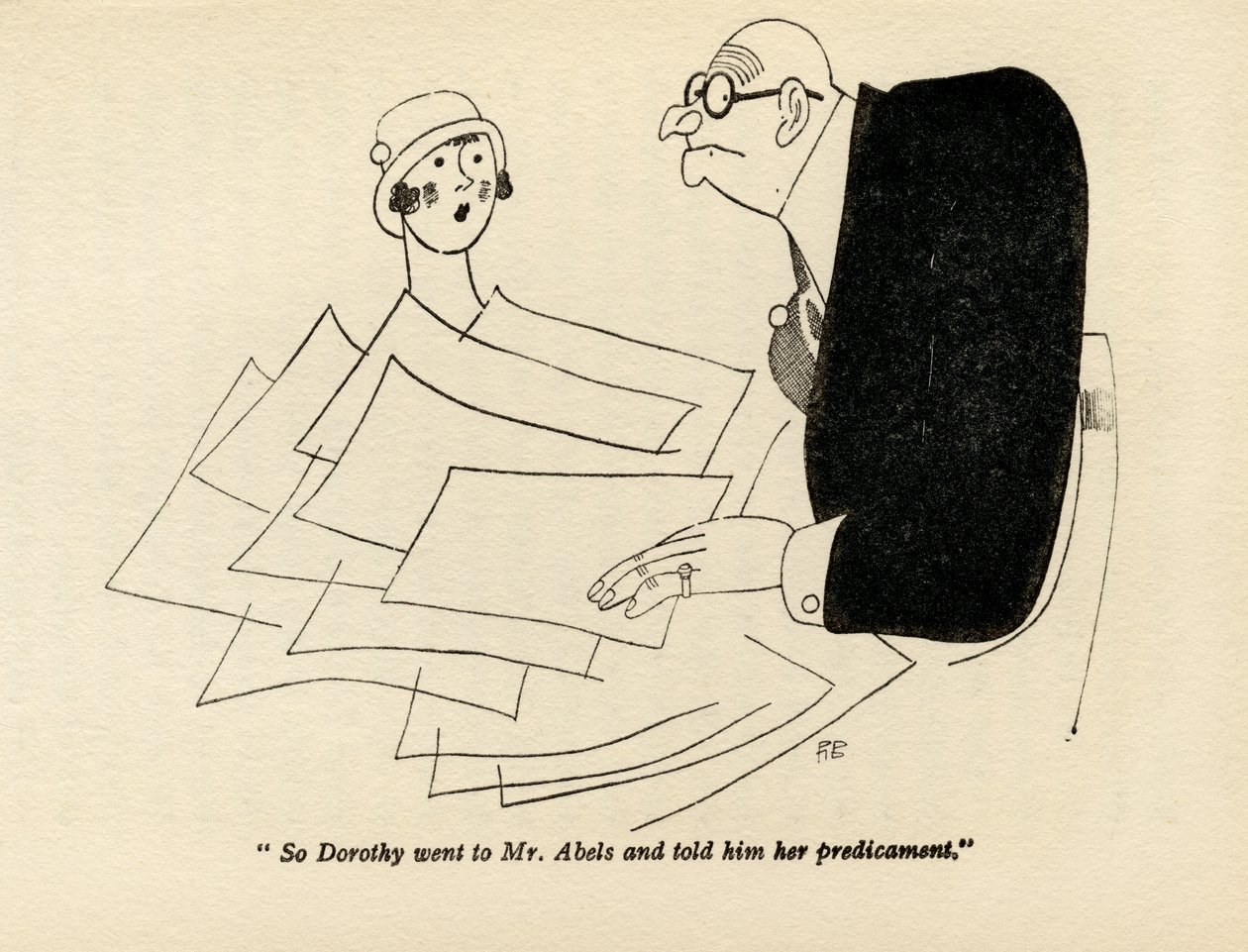 "Så Dorothy gick till Mr Abels och berättade för honom om hennes situation", illustration från "But Gentlemen Marry Brunettes" av Anita Loos, publicerad 1928 av Ralph Barton