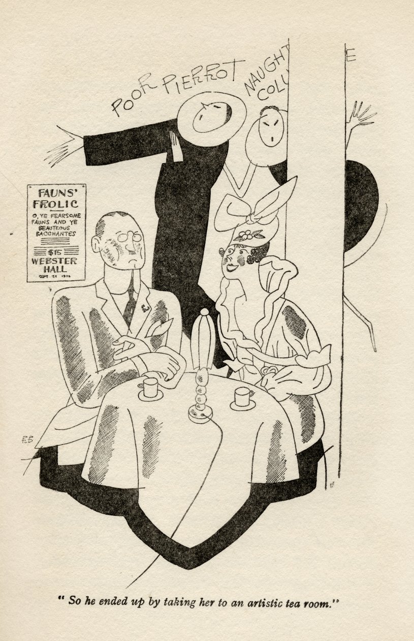 "Så han slutade med att ta henne till ett konstnärligt terum.", illustration från "But Gentlemen Marry Brunettes" av Anita Loos, publicerad 1928 av Ralph Barton