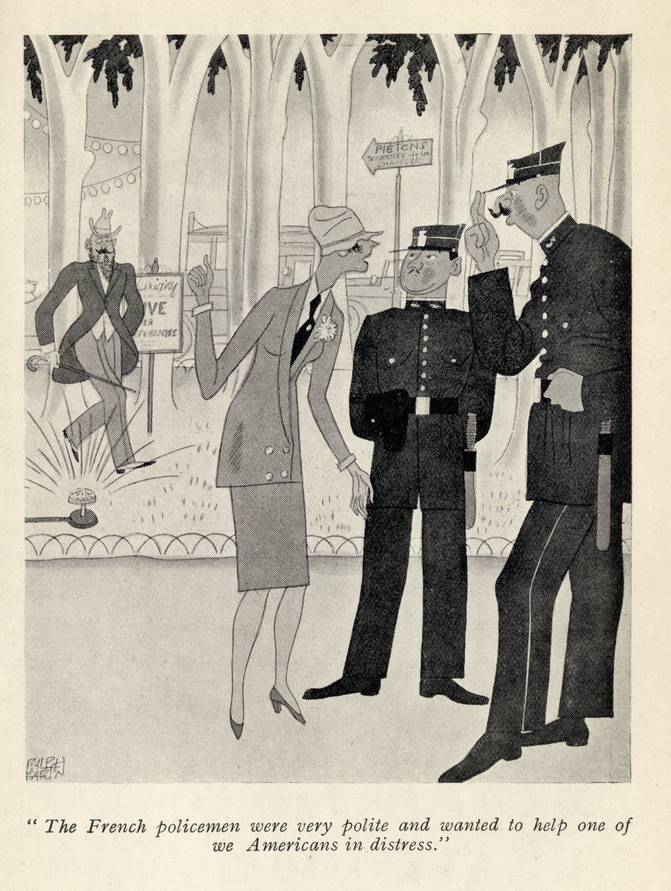 "De franska poliserna var mycket artiga...", illustration från "But Gentlemen Marry Brunettes" av Anita Loos, publicerad 1928 av Ralph Barton