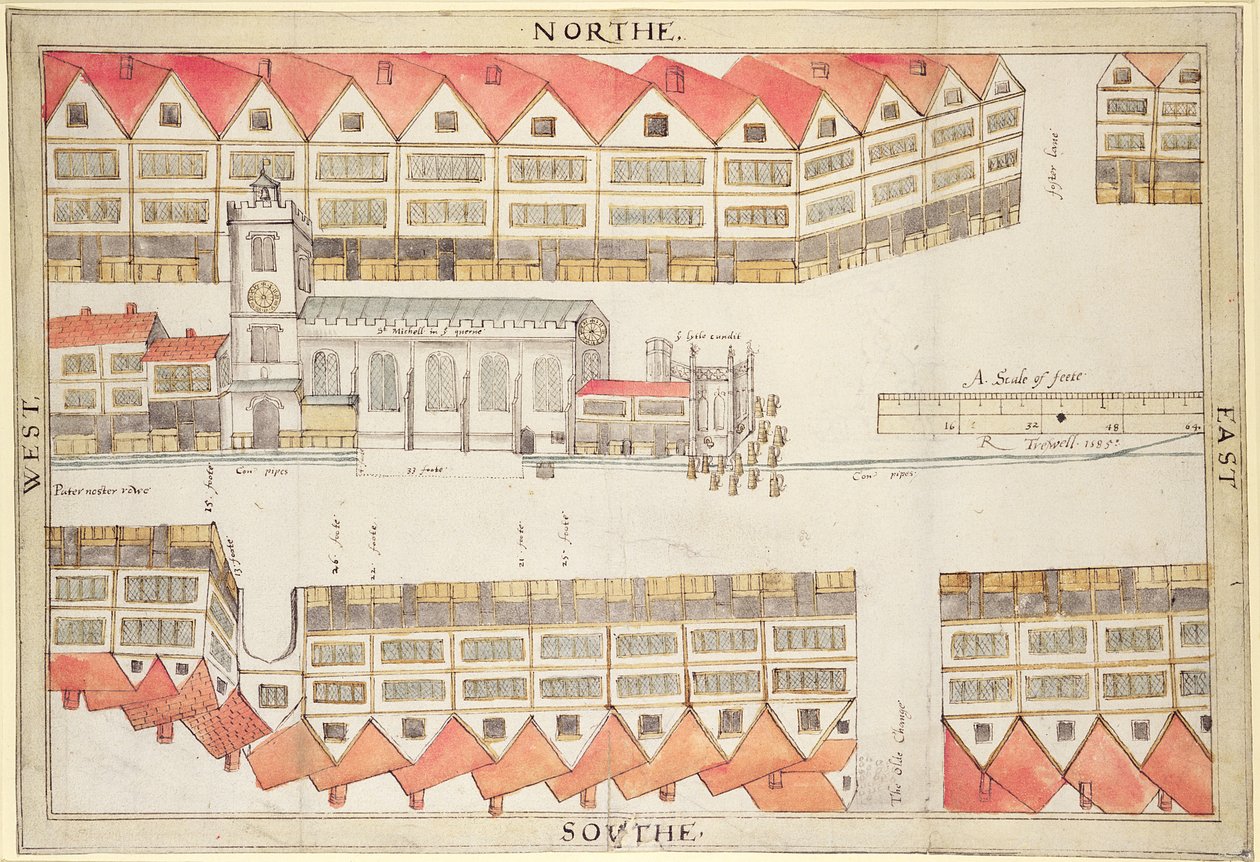 Karta över Cheapside, London, 1585 (penna och wc på papper) av Ralph Treswell