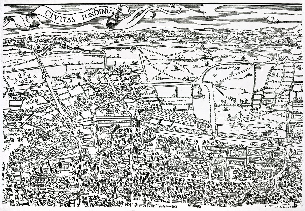 Detalj av London norr om staden från Civitas Londinium (träblocktryck) av Ralph Agas