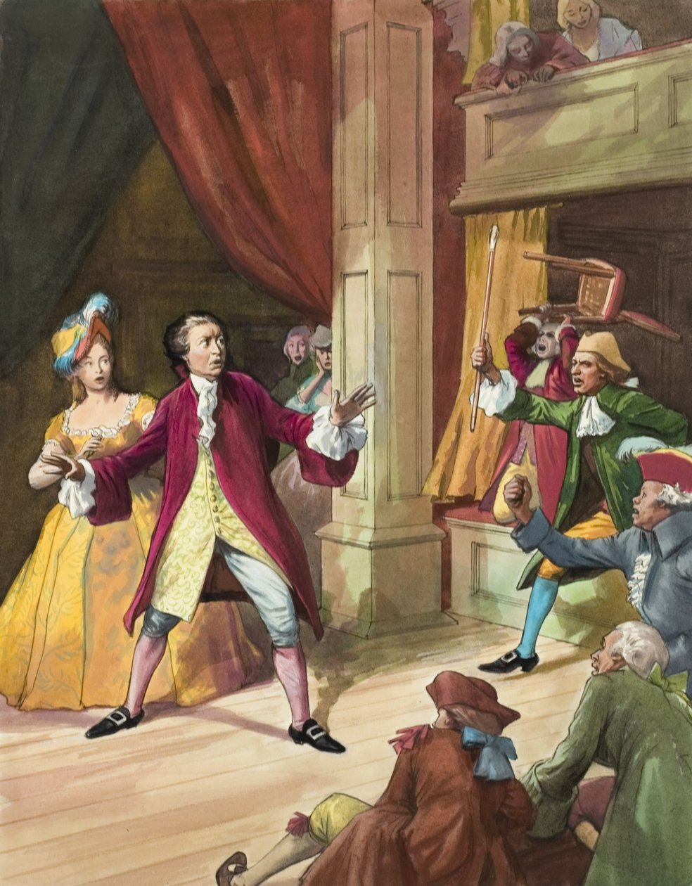 David Garrick (1717-79) inför ett upplopp av teaterbesökare (gouache på papper) av Ralph Bruce