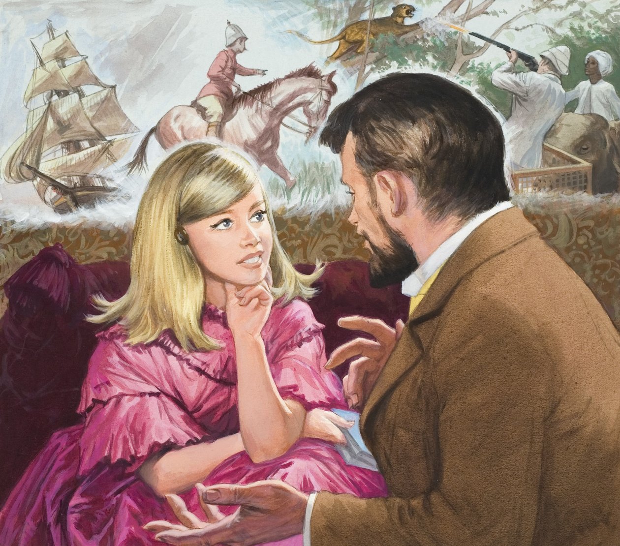 Mary Kingsley (1862-1900), upptäcktsresande, lyssnar på sin farbror, historieberättaren Charles Kingsley (1819-75) (gouache på papper) av Ralph Bruce