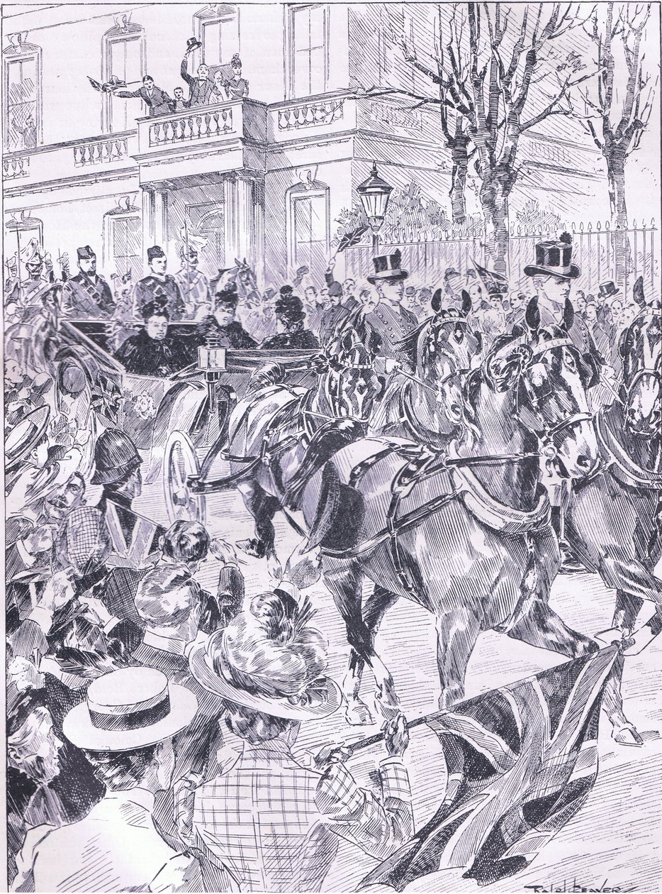 The Queens senaste besök i London mars 1900, illustration från Cassells History of England, 1900-talet av Ralph Cleaver