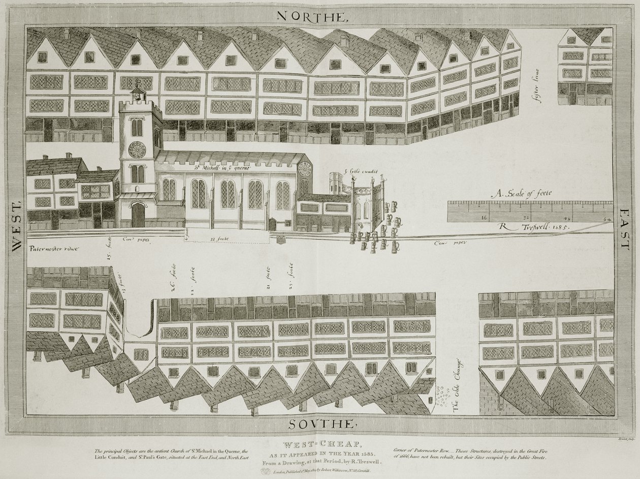 West Cheap som det såg ut år 1585, graverat av Bartholemew Howlett (1767-1827) publicerat 1814 av Ralph Treswell