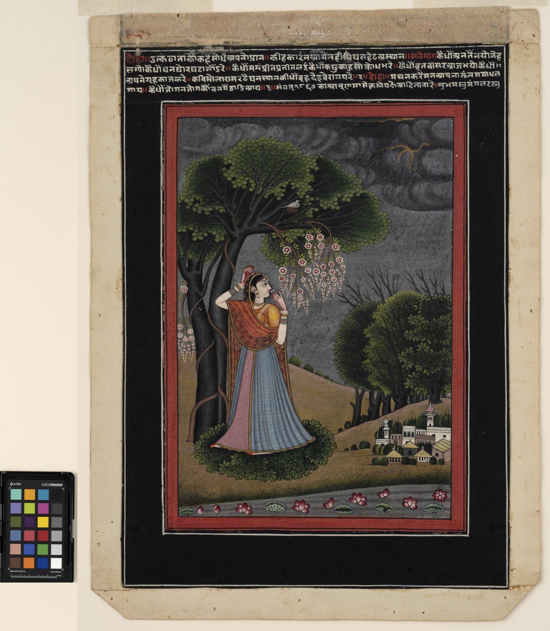 En nayika som längtar efter sin älskade, ca 1790 (ogenomskinlig akvarell och guld på papper) av Ram Mola