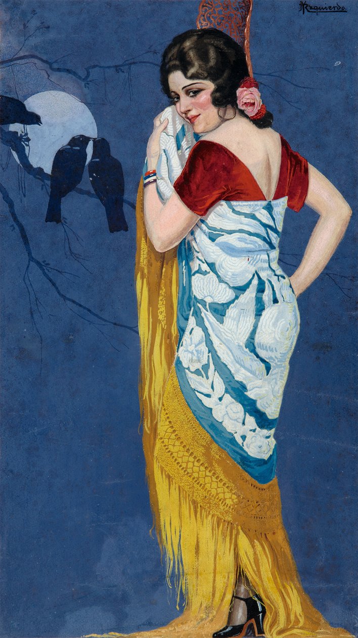 Ung kvinna som ler i månskenet, ca 1925 (gouache på papper) av Ramón José Izquierdo y Garrido