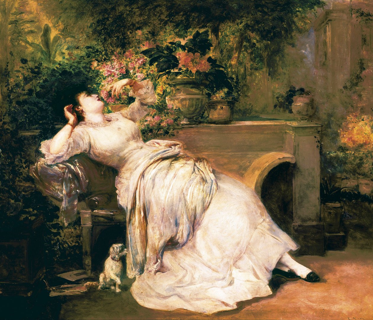 Kvinna i en trädgård. Målning av Ramon Marti i Alsina (1826-1894), 1800-talets andra hälft. av Ramón Martí Alsina