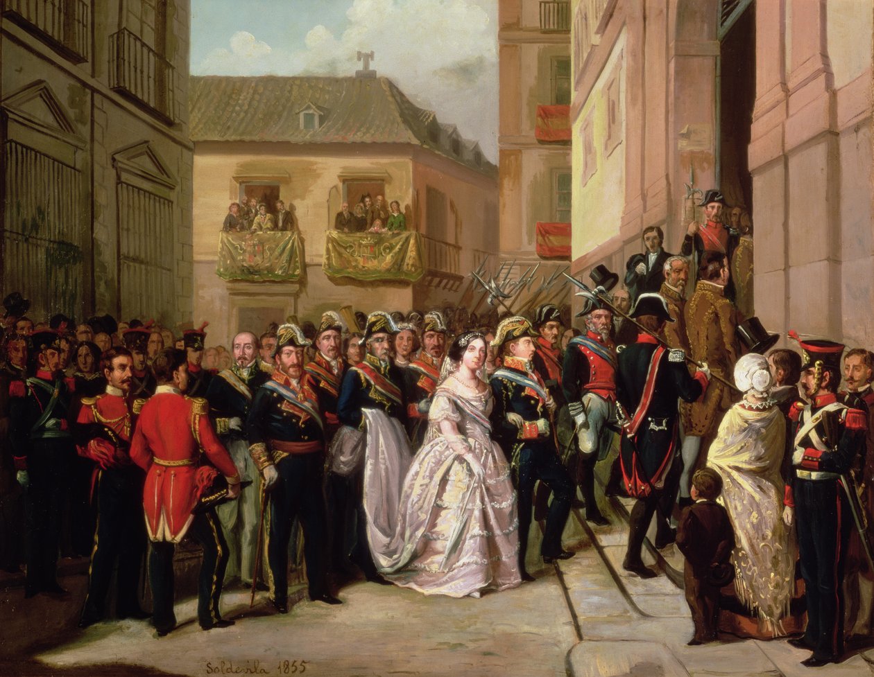 Isabella II av Spanien (1830-1904) och hennes man Francisco de Assisi besöker kyrkan Santa Maria av Ramon Soldevila Trepat