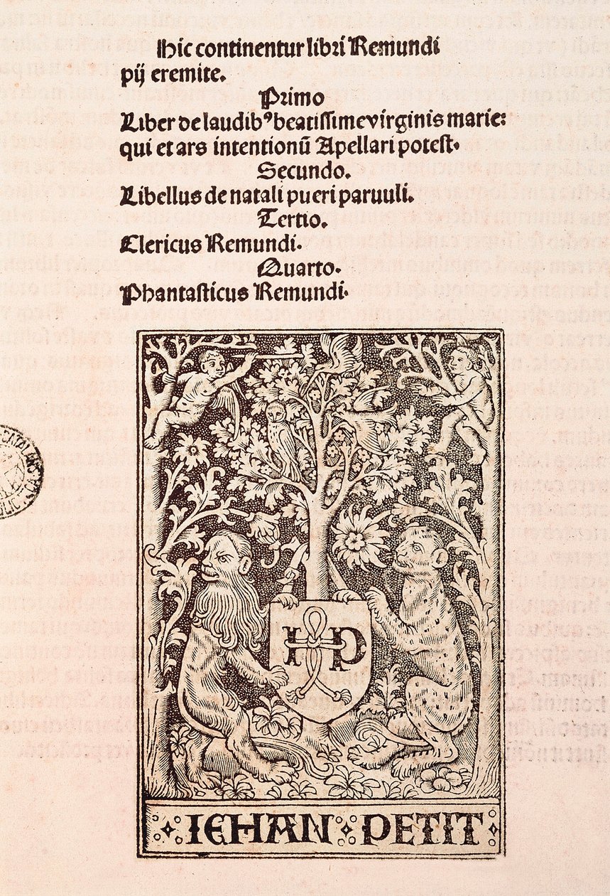 Sida i kodexen "De Laudibus Beatissimae Virginis Mariae" av Ramon Llull (1235-1315), föreställande två lejon som håller tryckaren Jehan Petits vapensköld. av Ramon Llull