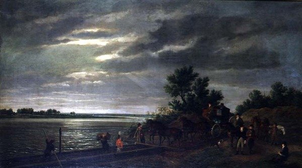 En vagn och hästar går in i en färja på floden Leck i Holland på natten av Ramsay Richard Reinagle