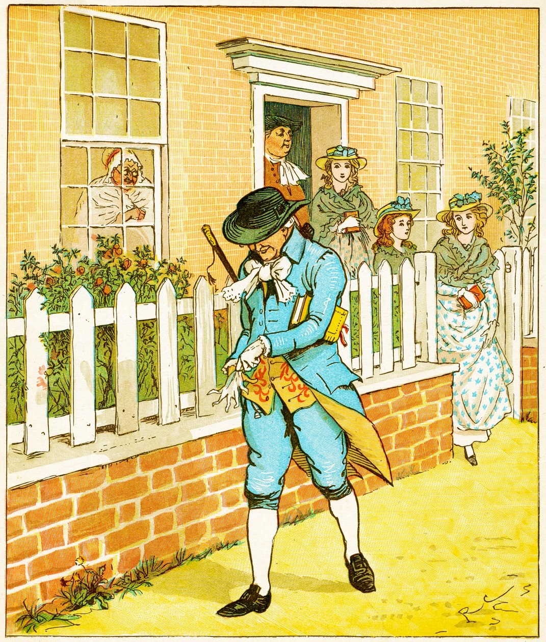 I Islington bodde en man för vilken världen kan säga att han fortfarande var en gudomlig ras han körde illustration för Elegy on a Mad Dog av Oliver Goldsmith, 1879 av Randolph Caldecott