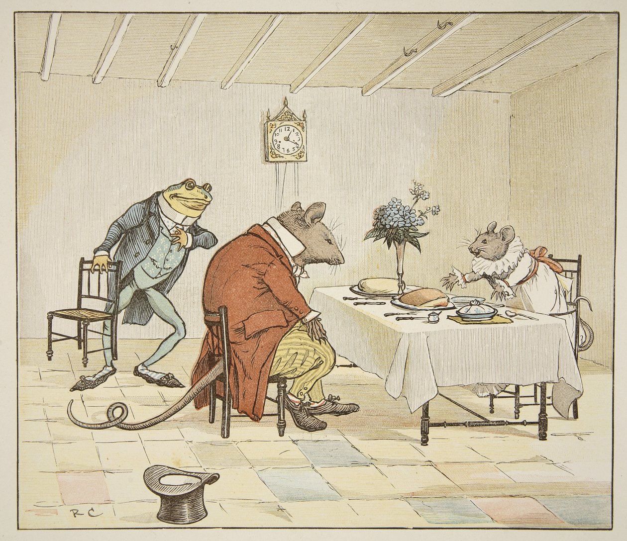 Snälla, fröken mus, kan du ge oss lite öl, illustration från "A Frog He Would A-Wooing Go", publicerad av Frederick Warne und Co. av Randolph Caldecott