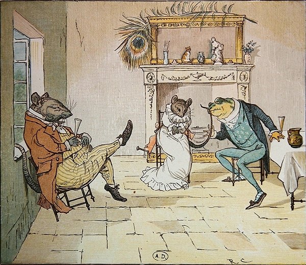Be, herr groda, vill du ge oss en sång?, illustration från A Frog Who Would a Wooing Go, ca 1900 (se även 8465) av Randolph Caldecott