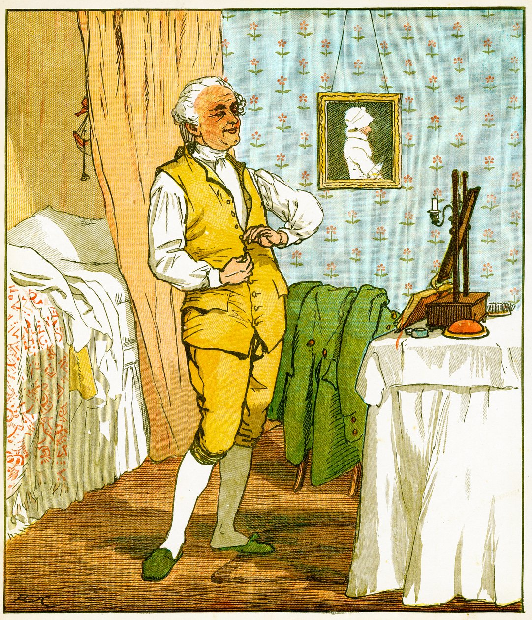 The good man of Islington dressing, Illustration från An Elegy on the Death of a Mad Dog av Oliver Goldsmith, 1879 av Randolph Caldecott