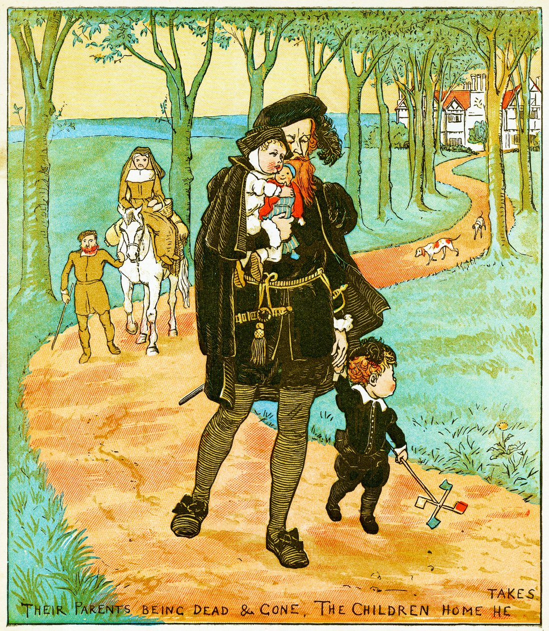 "Föräldrarna är döda och borta, barnen hem tar han", illustration för Babes in the wood, 1885 av Randolph Caldecott