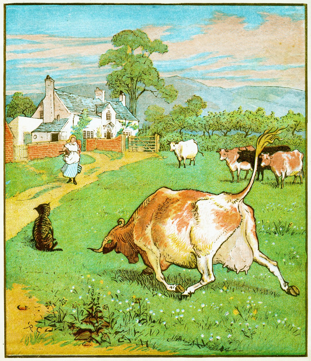 Detta är kon med det skrynkliga hornet som kastade hundillustrationen för The House that Jack Built, 1878 av Randolph Caldecott