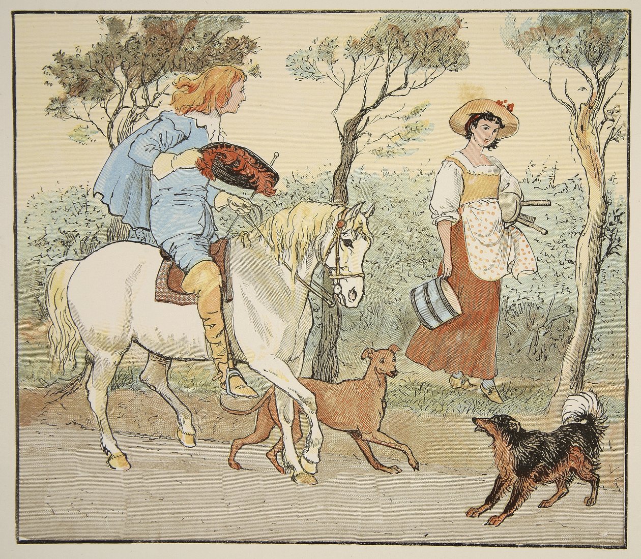 Vart är du på väg, min vackra jungfru, illustration från The Milkmaid, publicerad av Frederick Warne und Co. av Randolph Caldecott