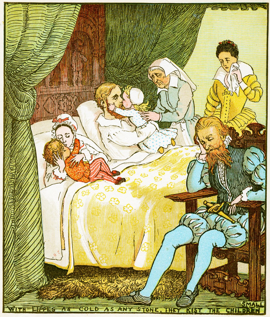 Med läpparna så kalla som vilken sten som helst kysser de barnen små, illustration för Babes in the wood, 1885 av Randolph Caldecott