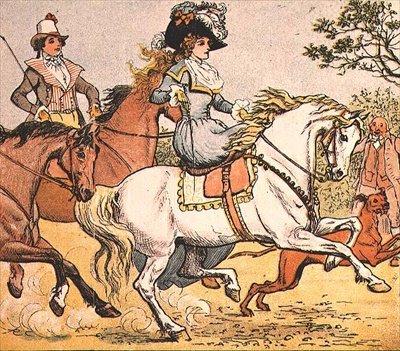 En fin dam på en vit häst från Ride a Cock Horse till Banbury Cross av Randolph Caldecott