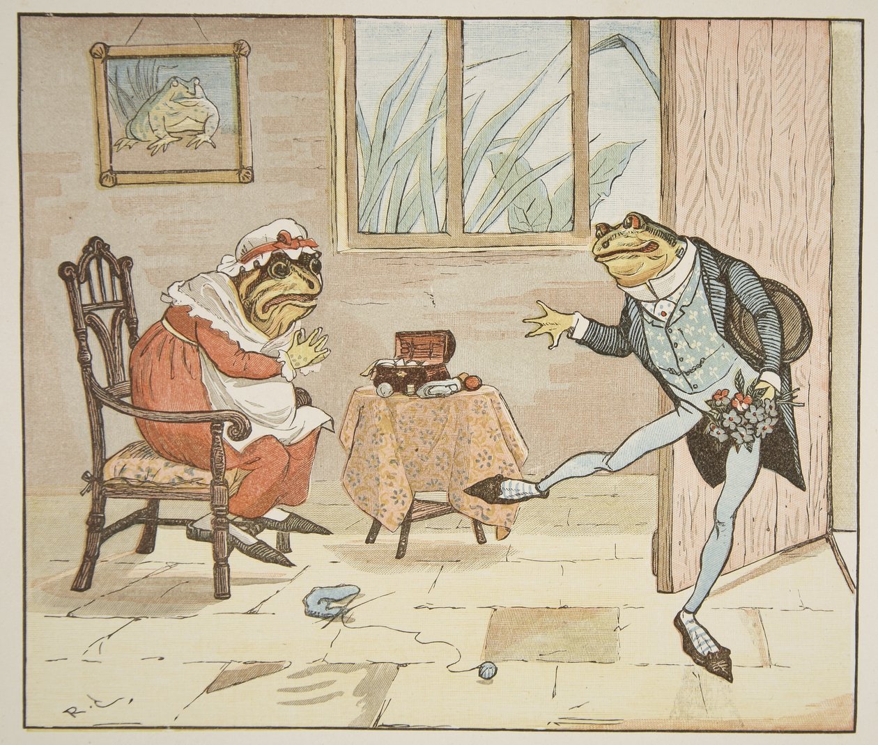 En illustration från "En groda som han skulle A-Wooing gå", pub. av Frederick Warne und Co. av Randolph Caldecott