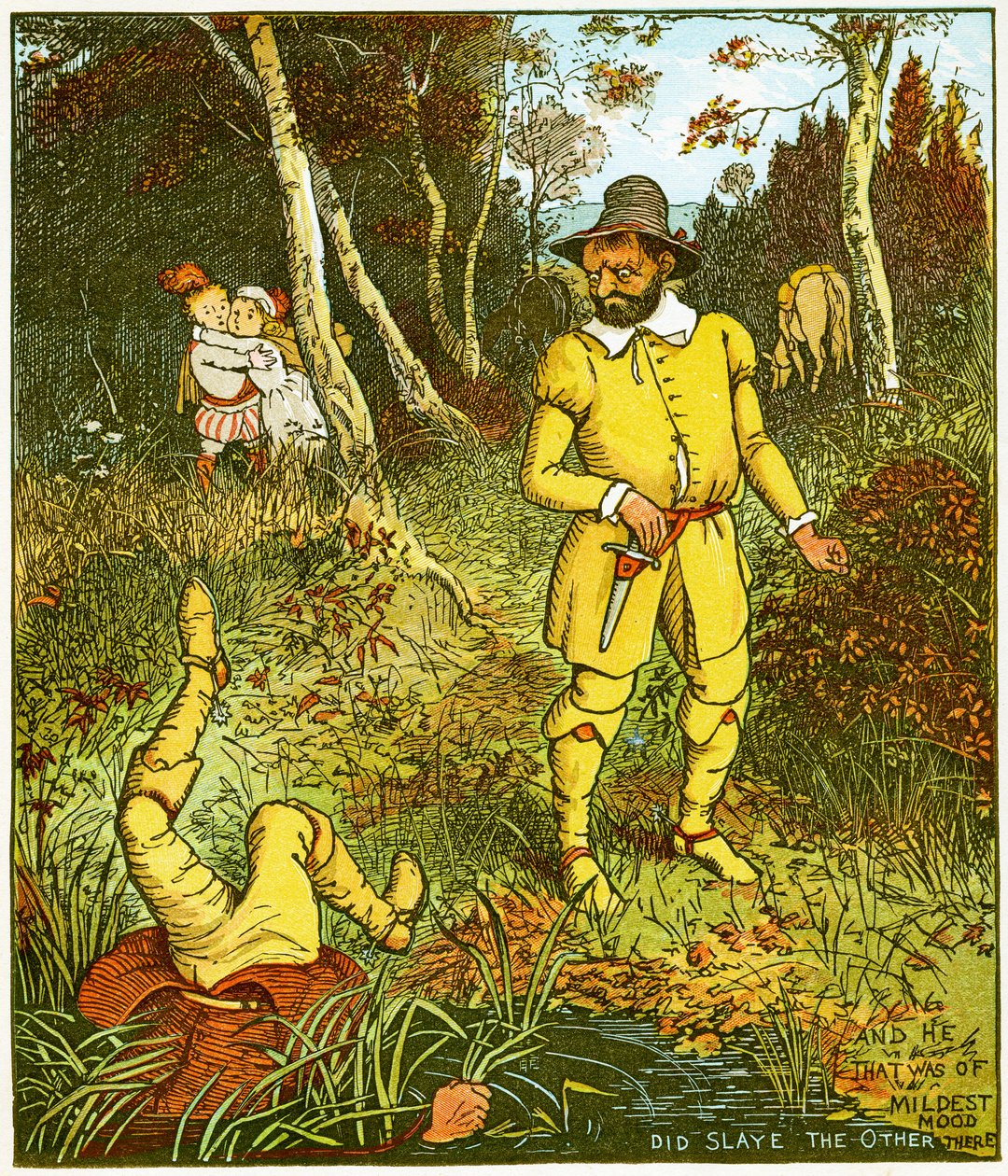 "Och den som var av mildaste humör, dräpte den andre där", illustration från Babes in the wood av Randolph Caldecott