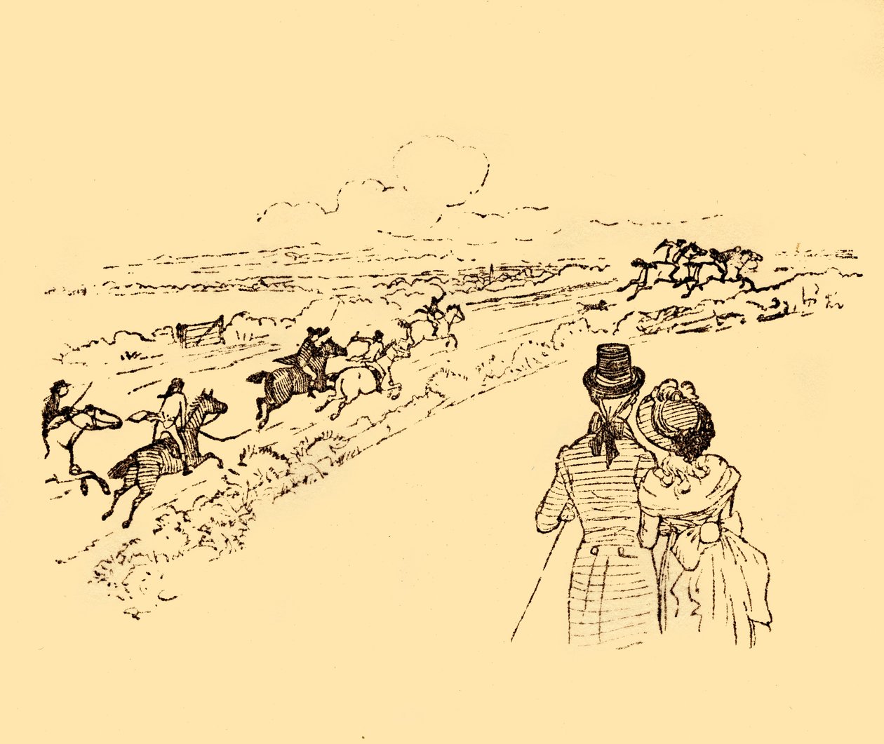 Åskådare tittar på när John Gilpin jagas över landsbygden, 1878, c1918. av Randolph Caldecott