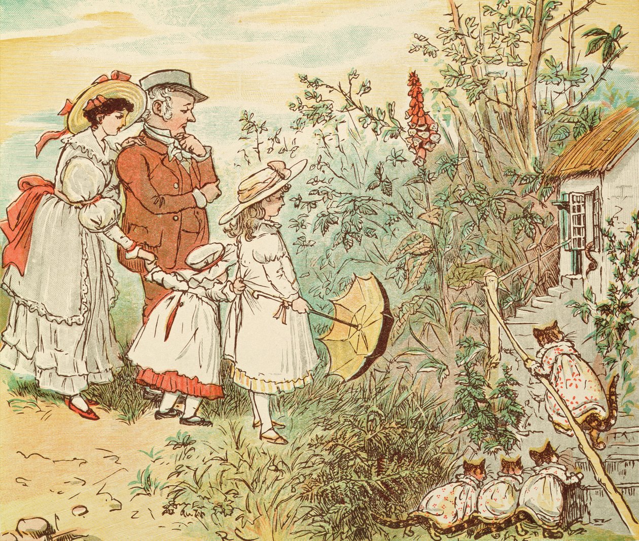 Cat och hennes kattungar kom tumlande in, från "A Frog He Would A-Wooing Go" av Randolph Caldecott