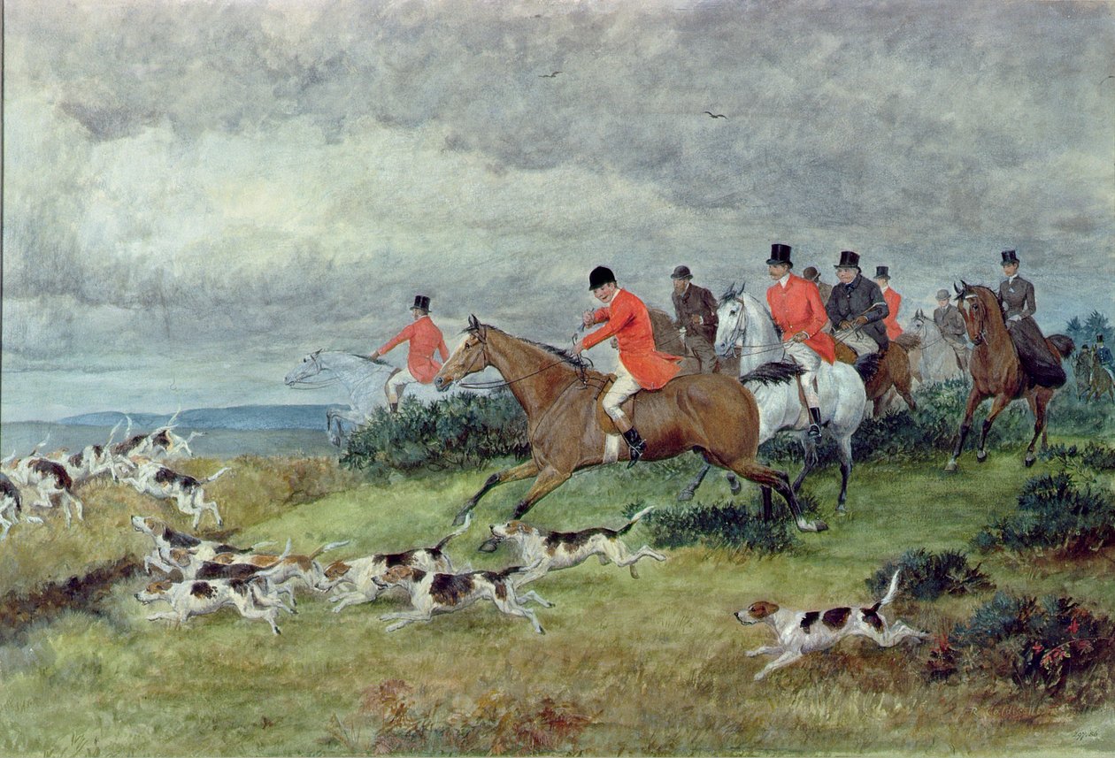 Rävjakt i Surrey, 1800-talet (akvarell) av Randolph Caldecott