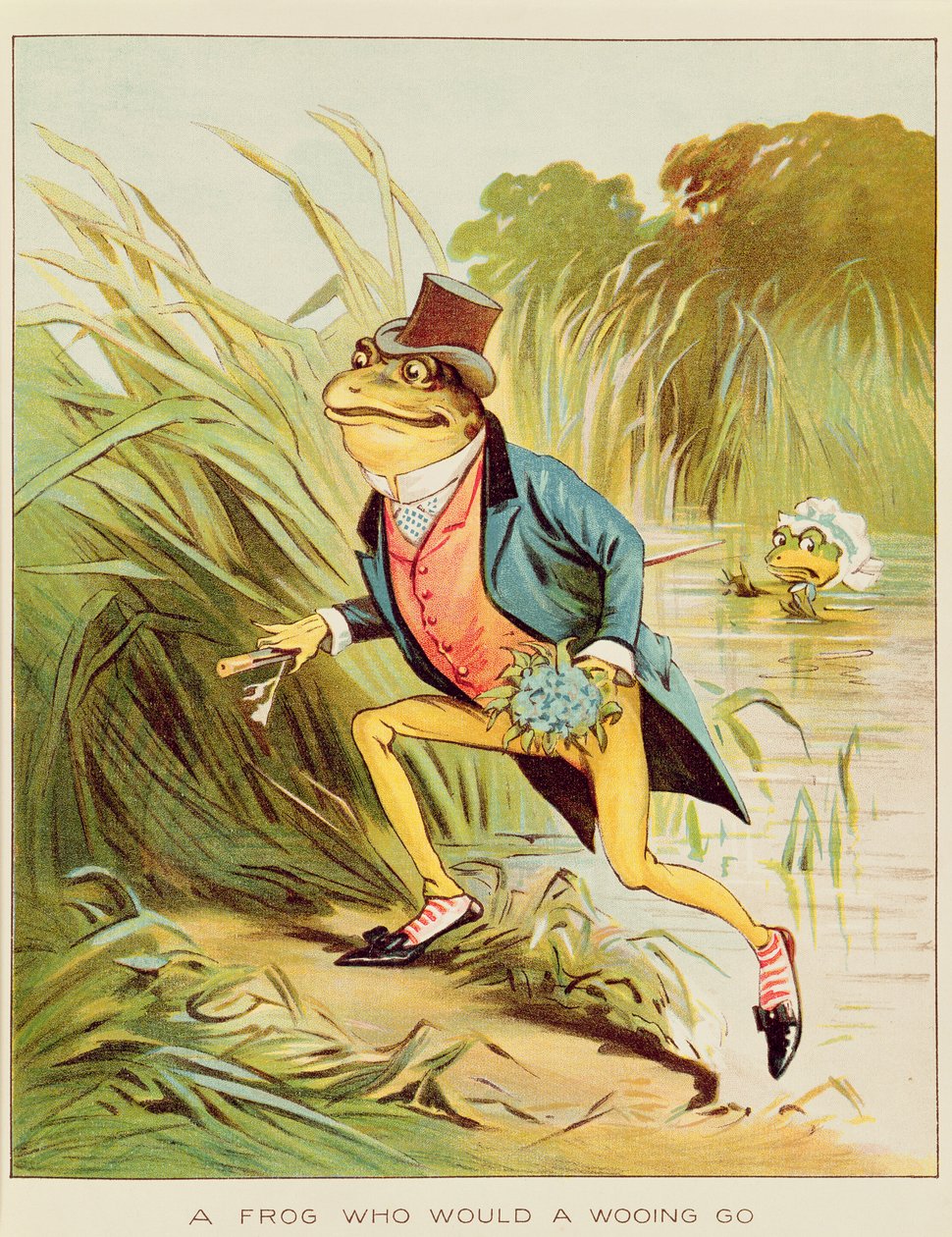 Illustration från "En groda som skulle gå iväg". av Randolph Caldecott