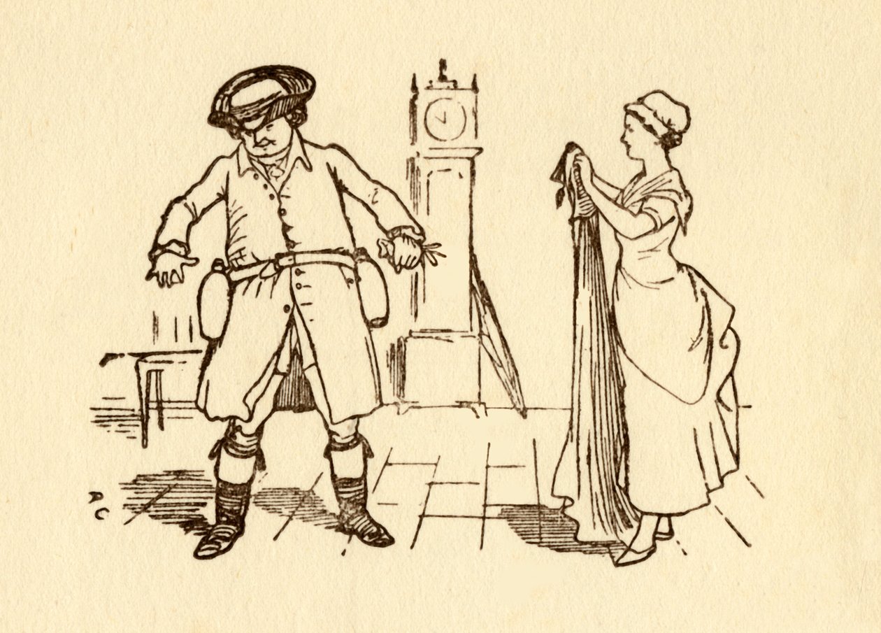 John Gilpin fäster vinflaskor på sitt bälte, 1878, c1918. av Randolph Caldecott