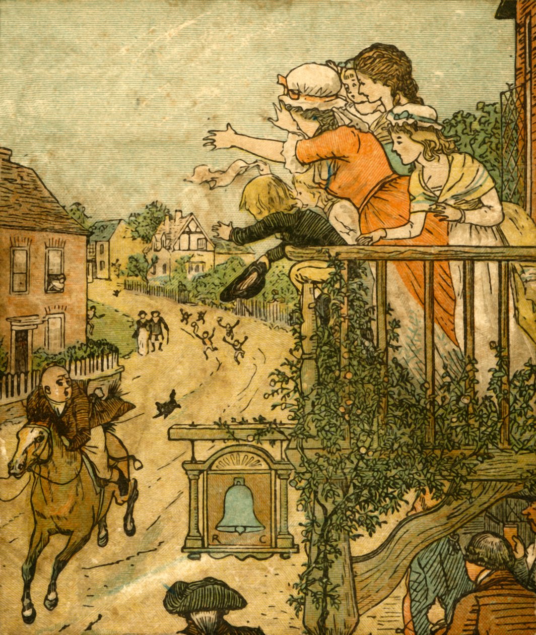 John Gilpin galopperar förbi Bell Inn när hans fru och barn vinkar från balkongen, 1878, c1918. av Randolph Caldecott