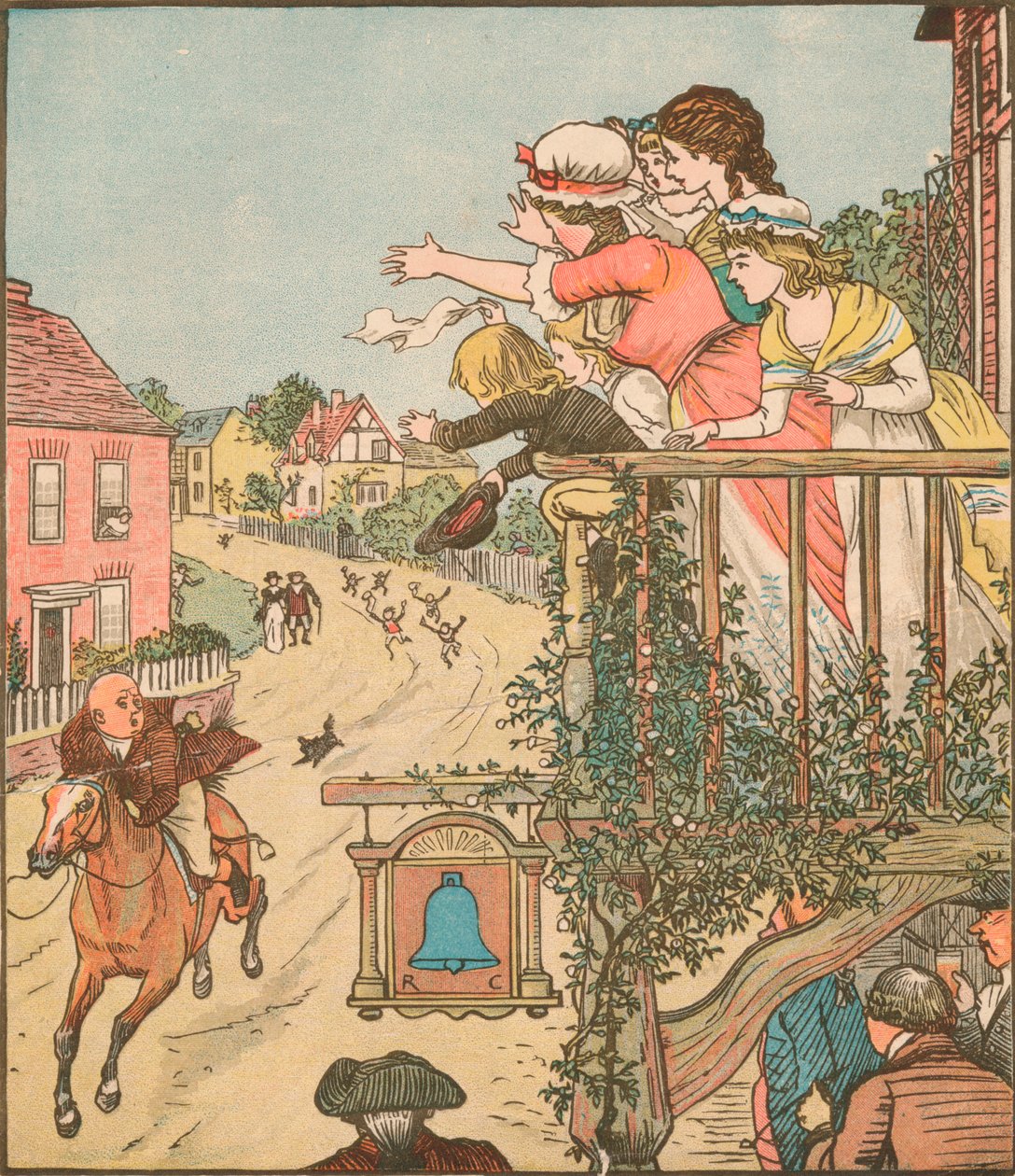 John Gilpin galopperar förbi Bell Inn när hans fru och barn vinkar från balkongen, 1878, c1918. av Randolph Caldecott