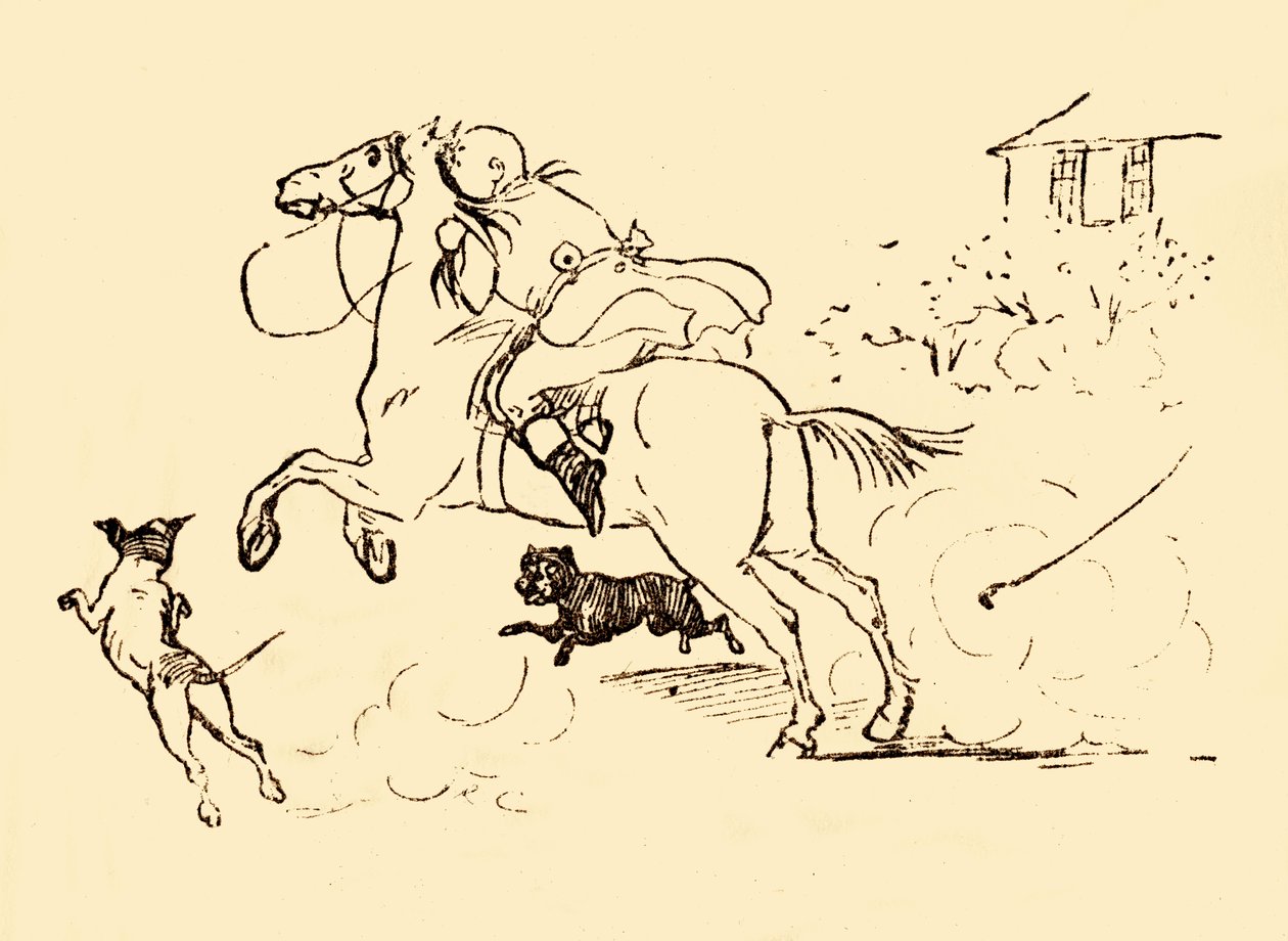 John Gilpin jagas av hundar när hans häst galopperar utom kontroll, 1878, c1918. av Randolph Caldecott