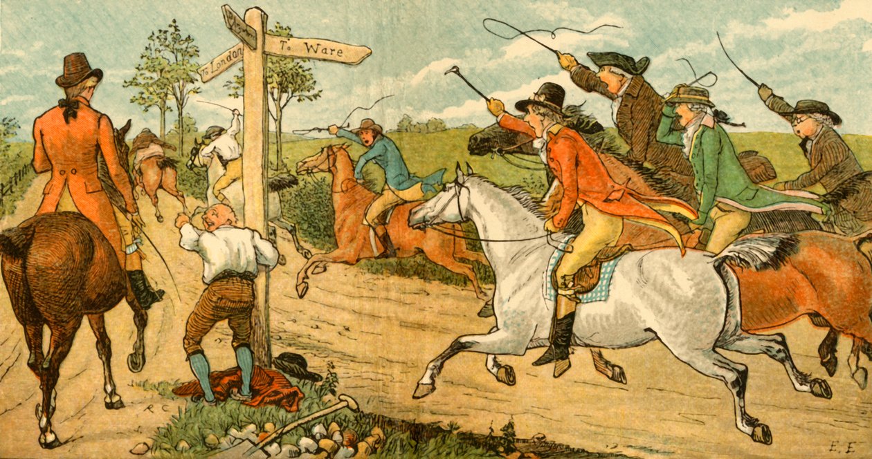 John Gilpin på sin bultande häst jagas av förbipasserande, 1878, c1918. av Randolph Caldecott