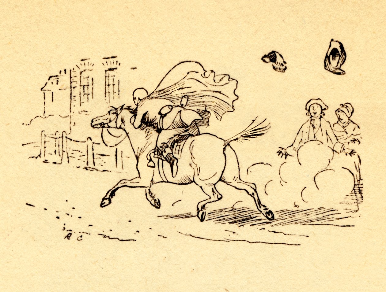 John Gilpins häst bultar och hans hatt och peruk blåser av, 1878, c1918. av Randolph Caldecott