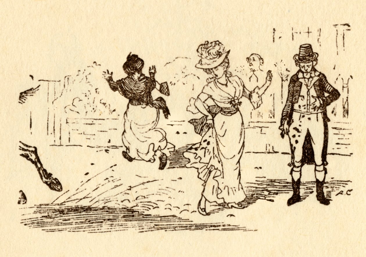 John Gilpins häst stänker lera på en kvinnas klänning, 1878, c1918. av Randolph Caldecott