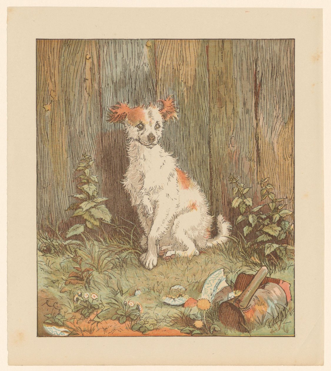 Liten hund sittande vid ett staket av Randolph Caldecott