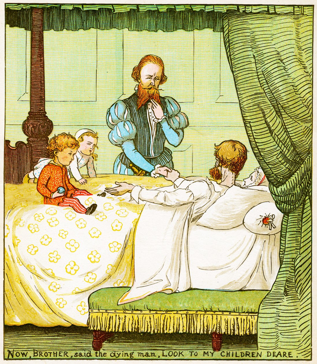 "Nu, bror, sa den döende mannen, se till mina barn kära", illustration från Babes in the wood av Randolph Caldecott