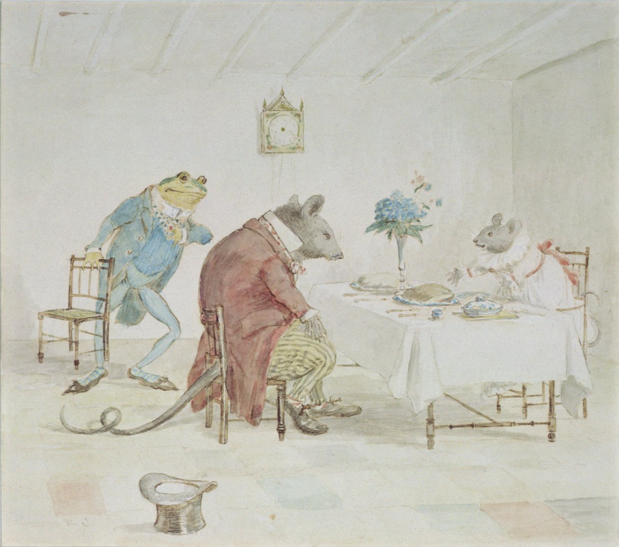 "Be, miss Mouse, vill du ge oss lite öl", illustration från "A Frog He Would A-Wooing Go" av Randolph Caldecott