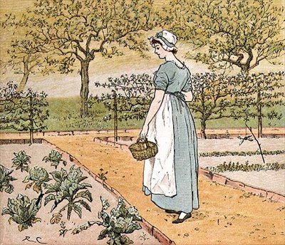 "Hon gick in i trädgården för att skära ett kålblad för att göra en äppelpaj", illustration från "The Great Panjandrum Himself" (färgad gravyr) av Randolph Caldecott