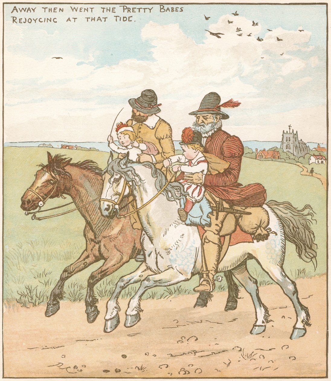 Babes (eller barn) i skogen. Föräldralösa brudar togs bort för att bli mördade av skurkar anlitade av onda farbror. Illustration av Randolph Caldecott (1846-86) för balladen c1600. av Randolph Caldecott