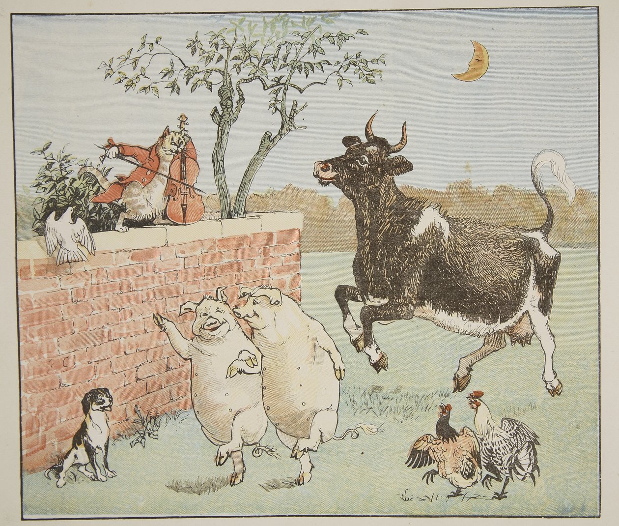 The Cat and the Fiddle, illustration från "Hey Diddle Diddle and Bye, Baby Bunting", 1882 av Randolph Caldecott