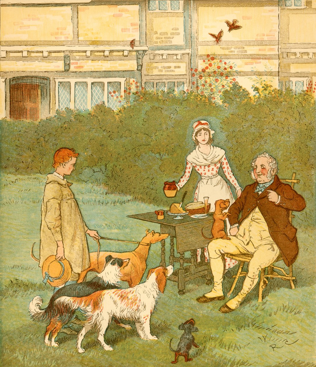 Bondepojken med sina herrars hundar, c1881. av Randolph Caldecott