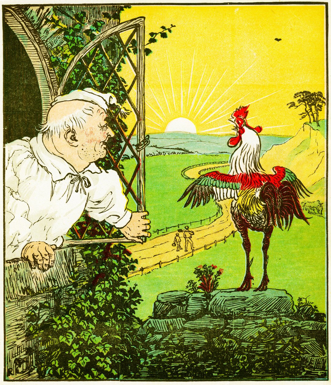 "Det här är tuppen som galade på morgonen, som väckte domaren helt rakad och klippt", illustration från The House that Jack Built av Randolph Caldecott