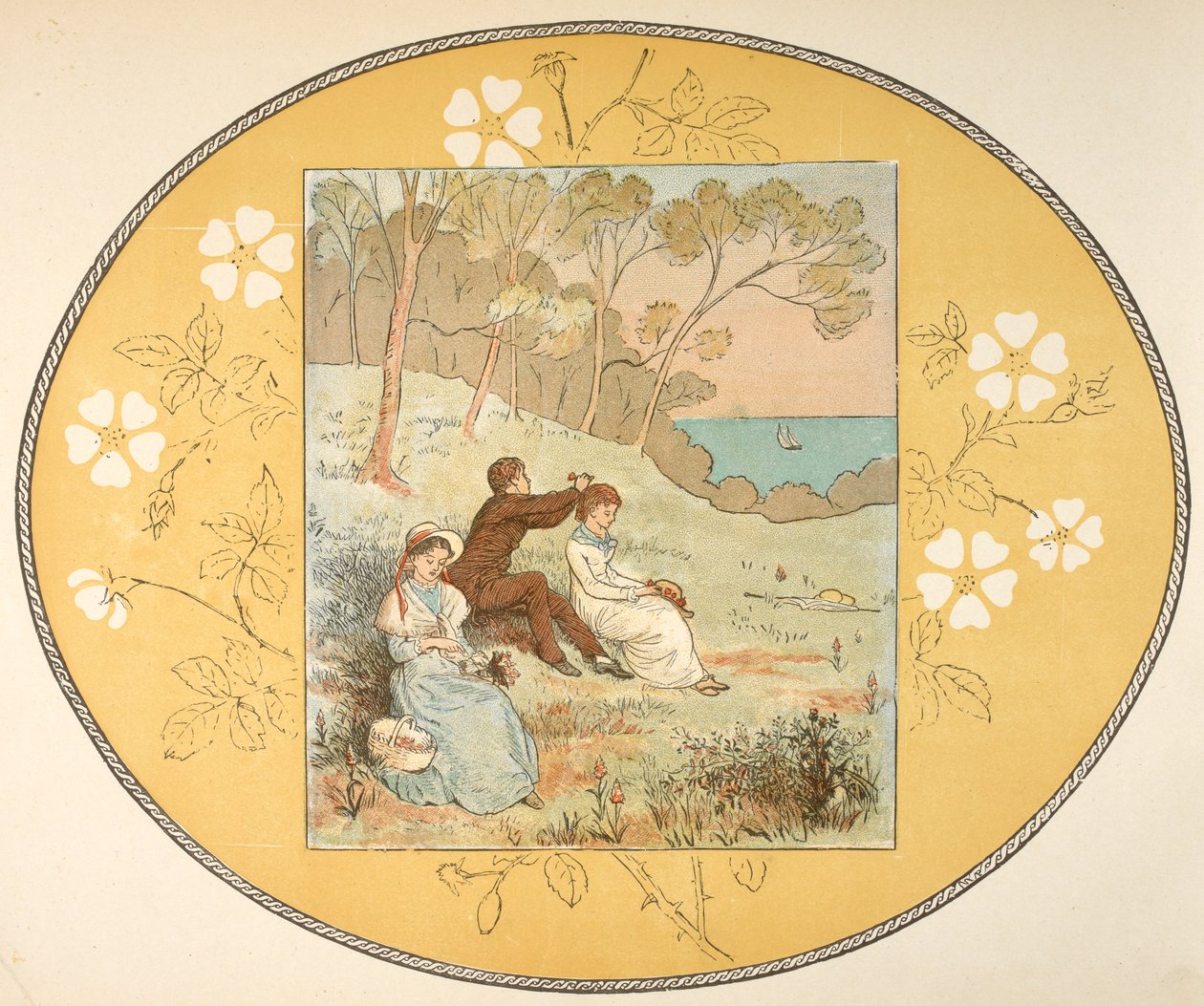Två kvinnor och en man sitter i en glänta nära kusten. Blommig kant. av Randolph Caldecott