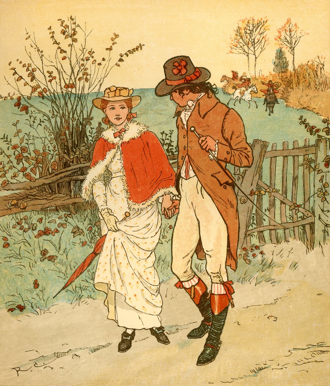 Två unga älskare i en gränd, c1880. av Randolph Caldecott