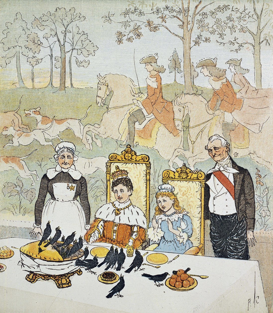 En kung och en drottning sitter vid bordet omgivna av tjänare, bakom dem en jaktscen. Plåt 14 från ""The Picture Book"" av Randolph Caldecott (1846-1886). 1879. The British Library Institution Referens: Shelfmark ID: 12805.s.17 A King and Q av Randolph Caldecott